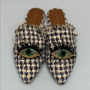 Kurt Geiger London THE OLIVE EYE Blue/White Tweed Pointed Toe Mule SZ 38.5 US 8